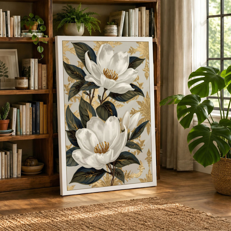 White Magnolia Bloom Botanical - Wrapped Canvas, 36x24 - 91.4 x 61.0 cm, Cream Border