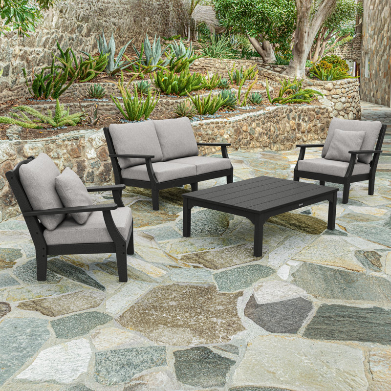 Chinoiserie 4 - Person Outdoor Seating Group with Cushions, Gray, Black