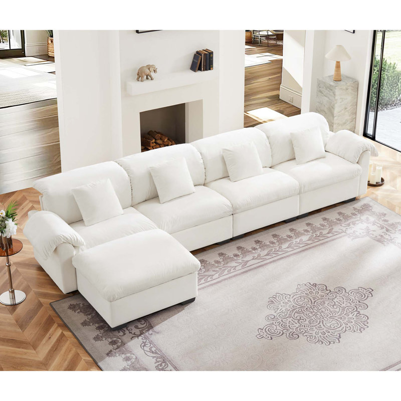 Grand canapé modulaire en forme de L avec sièges profonds et 1 repose-pieds avec rangement, Velours blanc