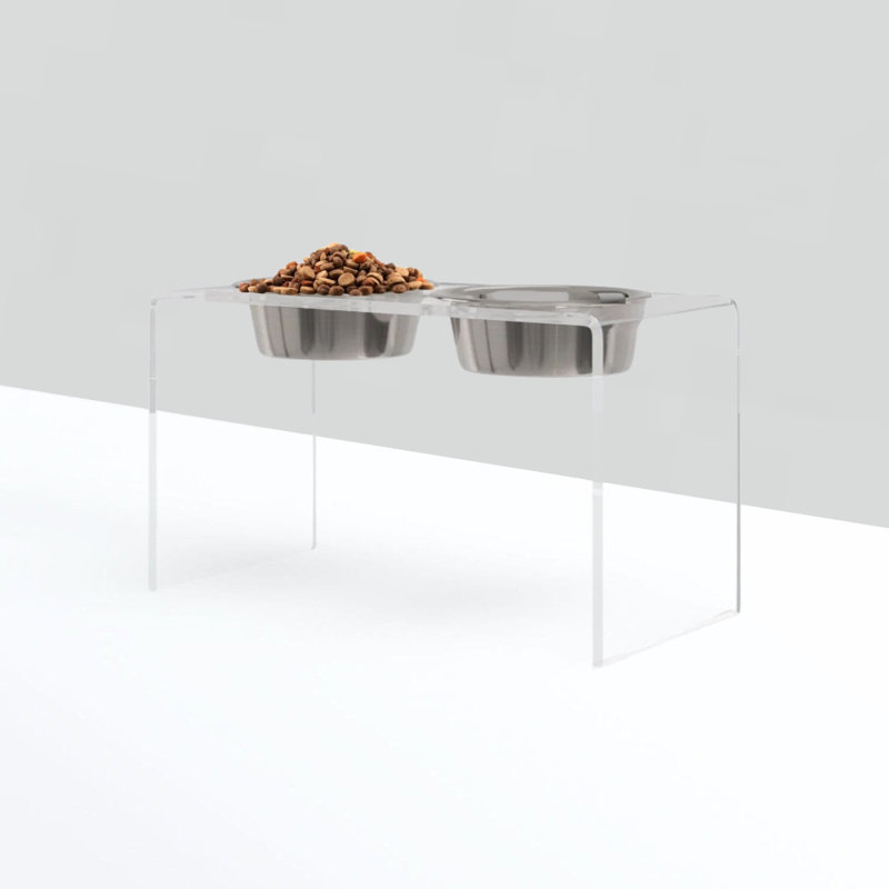 Tall Clear Elevated Feeder with Bowls, Silver, Clear