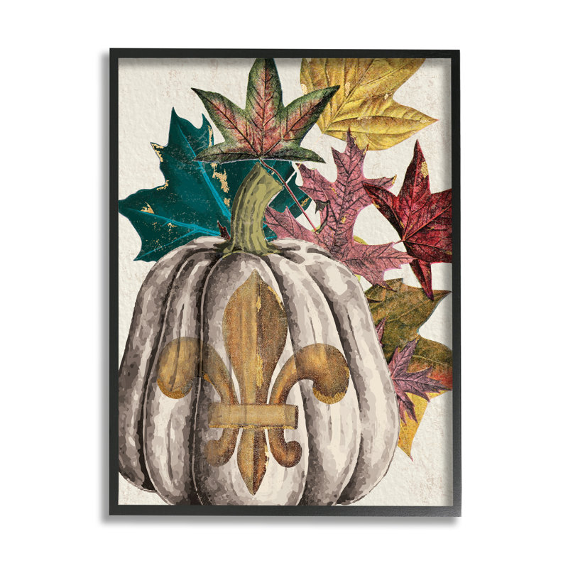 «Fleur-De-Lis Crest Pumpkin Vintage Autumn Leaf Arrangement» par - Impression, H 20 po x l 16 po, Giclée encadrée noir minuit
