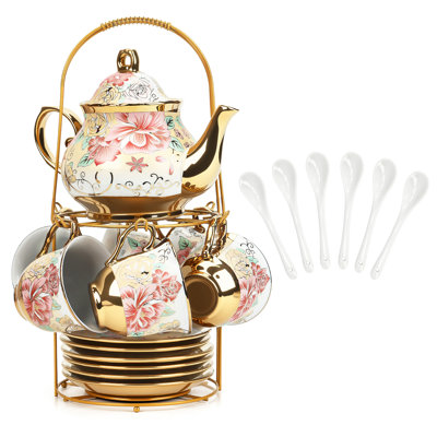 European Hand-Painted Enamel Floral Ceramic Tea Cup and Saucer Set with Stand, 23 oz Teapot（Pink Enamel)