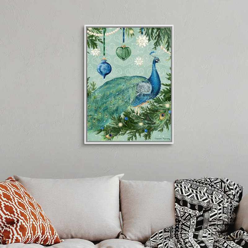 «Holiday Peacock» par Danielle Murray - peinture sur toile tendue, H 33,25 po x l 25,25 po, Cadre blanc