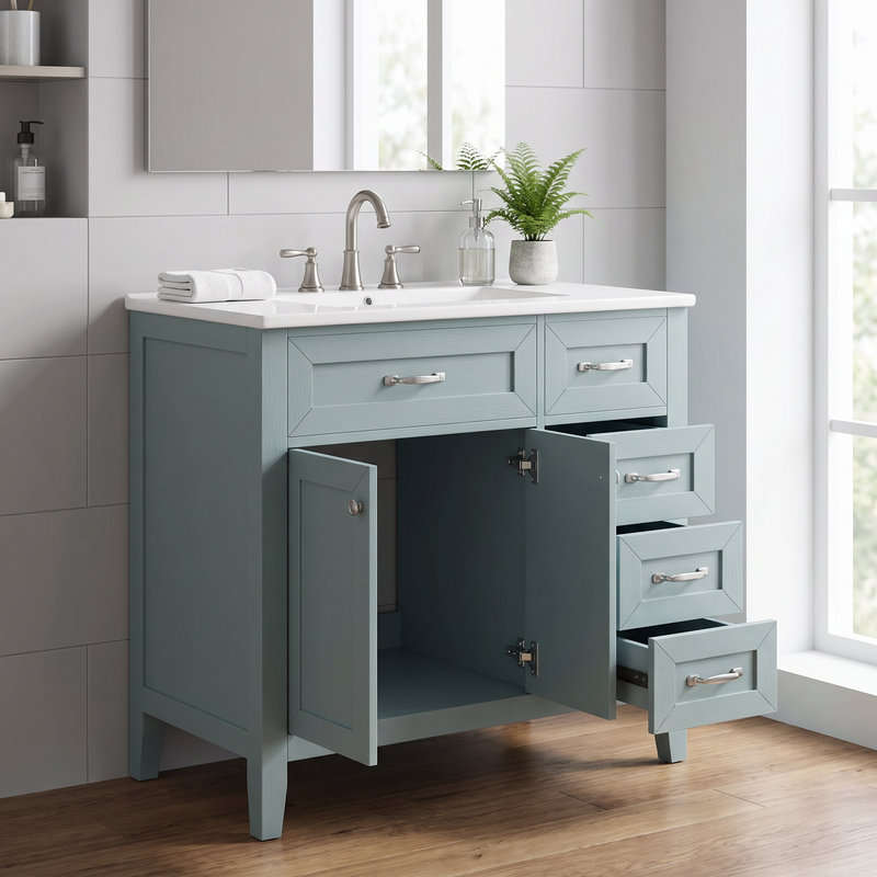 Meuble-lavabo vert 36 po avec lavabo Armoire avec tiroirs; Structure solide et panneau de fibres à densité moyenne