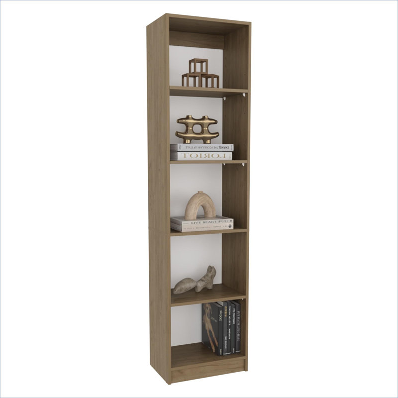 Pour les espaces de vie compacts et les bureaux à domicile, une bibliothèque mince en MDF à 5 niveaux en lin beige pour la décoration et le rangement des livres dans un style chêne naturel