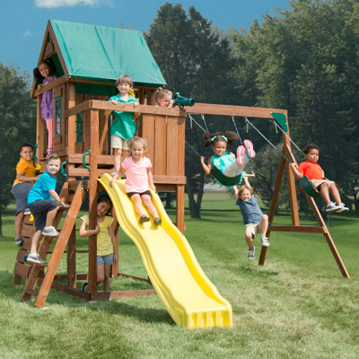 Altamont Wooden Swing Set with Slide, Swings and Climbing Wall