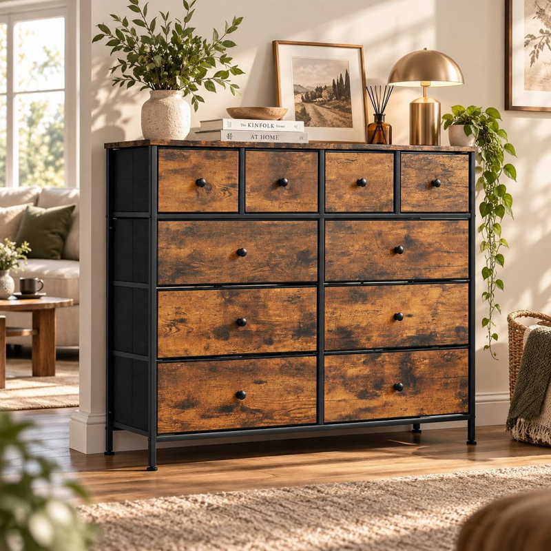 Rustic brown 10-drawer fabric dresser, wooden top and sturdy metal frame, anti-tip storage chest of drawers, versatile sideboard for bedroom, living room and hallway