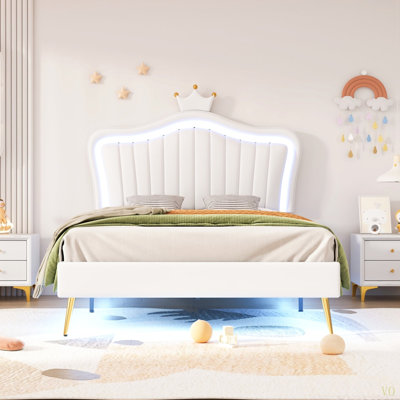 Structure de lit simple tapissier avec lumières DEL, lit princesse rembourré moderne avec tête de lit couronne