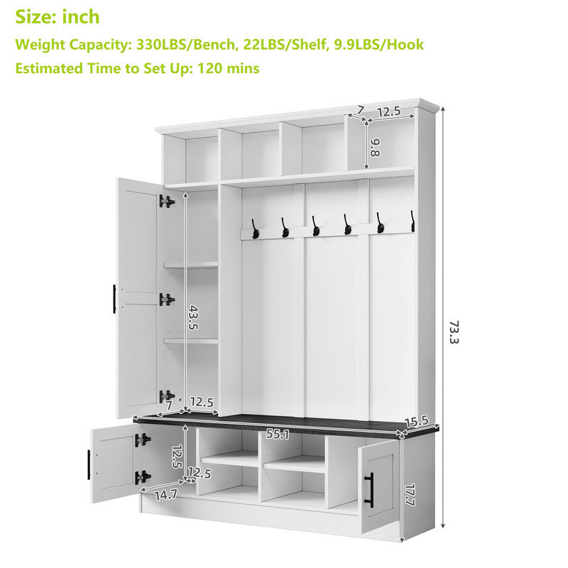 73.3"H Hall Tree with Open Storage,3-in-1 Hall Tree with Bench, White