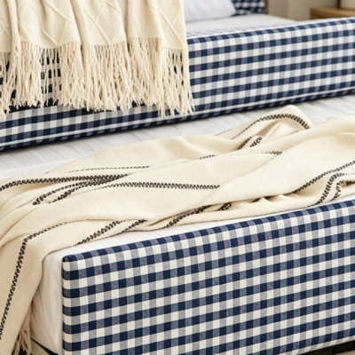 Cozy Gingham Daybed With Trundle Twin Size Sofa Bed No Box Spring Needed, With USB Port And Adorable Wave Shaped, Linen Fabric, Navy
