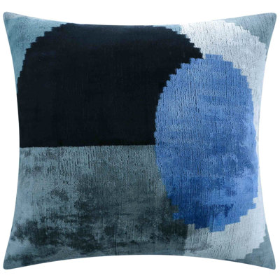 Handmade Silk Velvet Abstract Throw Pillow - 20X20, Modern Blue, Black, And Gray Design With Down Feather Insert