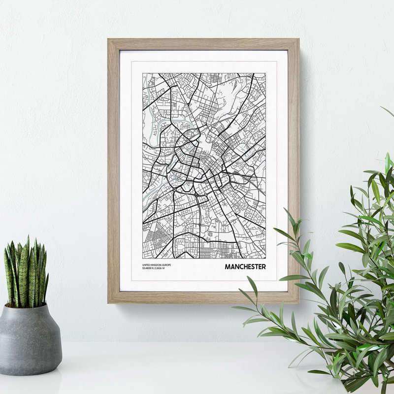 Map Manchester UK - Picture Frame Graphic Art, 65cm H x 48cm W x 2cm D, Oak