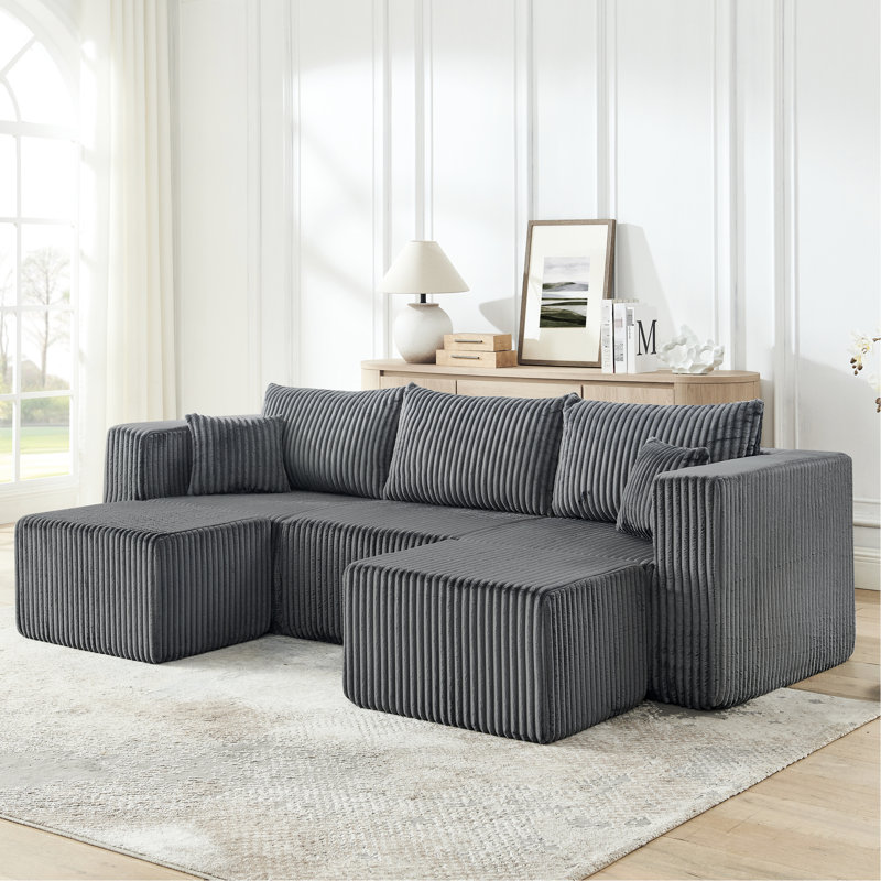 Gris compact modulaire, velours côtelé compressé, 3 places, style minimaliste, sans assemblage, espace optimisé pour les petits appartements avec espaces de vie modernes