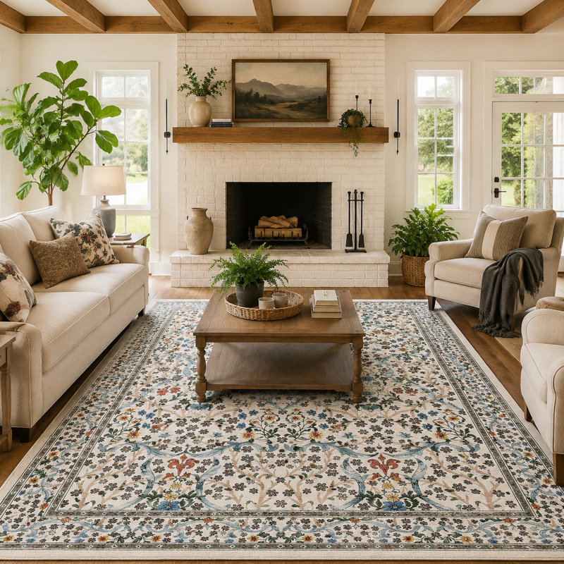 Rectangle Floral Washable Area Rug, Beige, Rectangle 340 cm x 240 cm