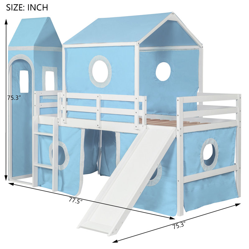 Lit mezzanine simple avec glissade, tente et tour bleues, lit mezzanine pour enfants, amusant et peu encombrant