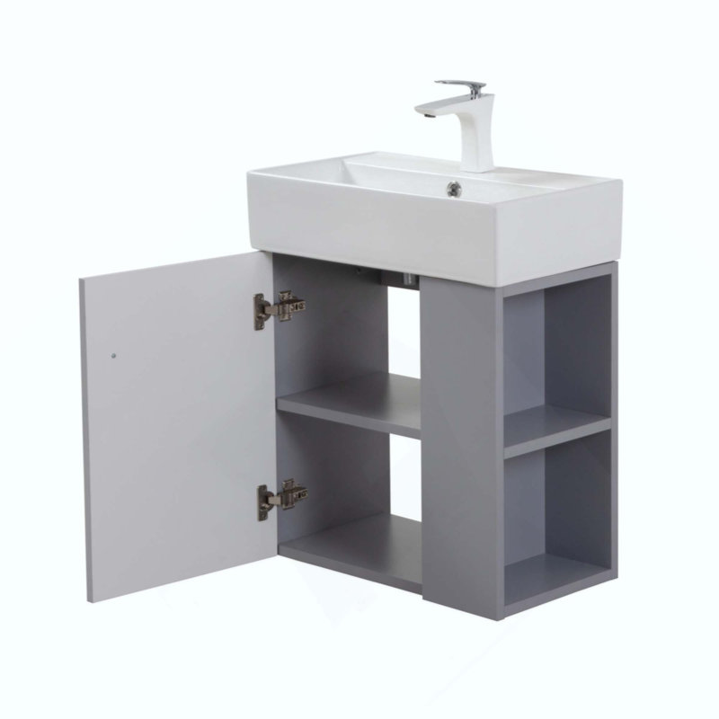 Meuble-lavabo mural avec lavabo en céramique, porte à fermeture en douceur, tablette de rangement flottante à droite, assemblage requis