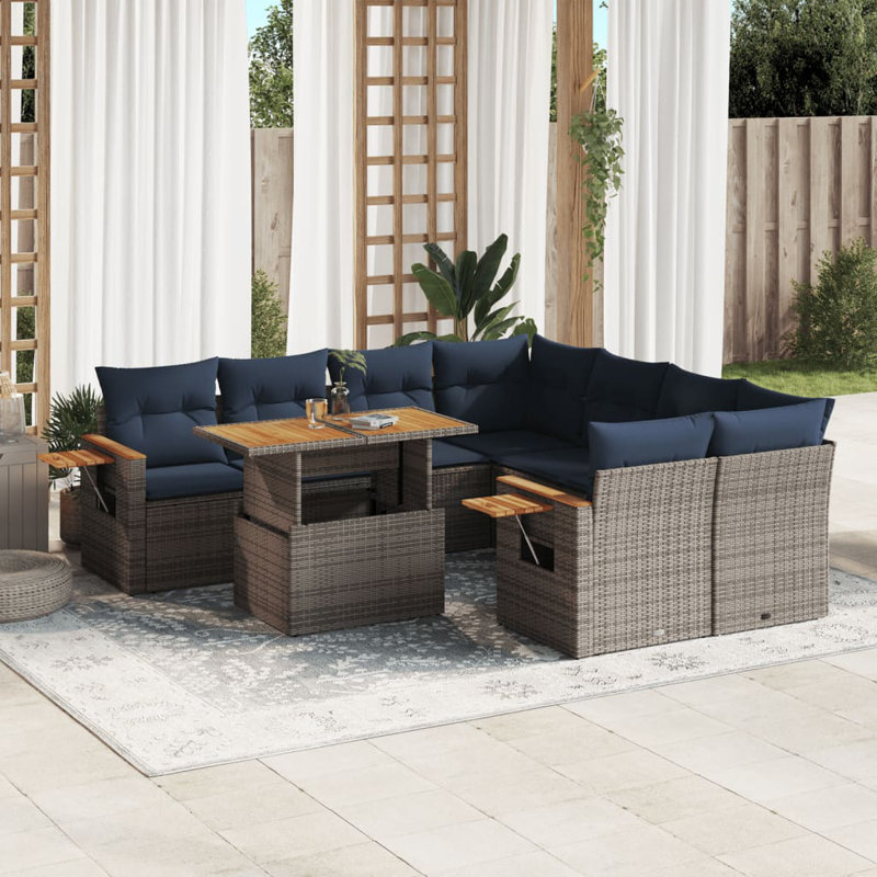  9 Piece Patio Sofa Set With Cushions Poly Rattan, Gray, Blue