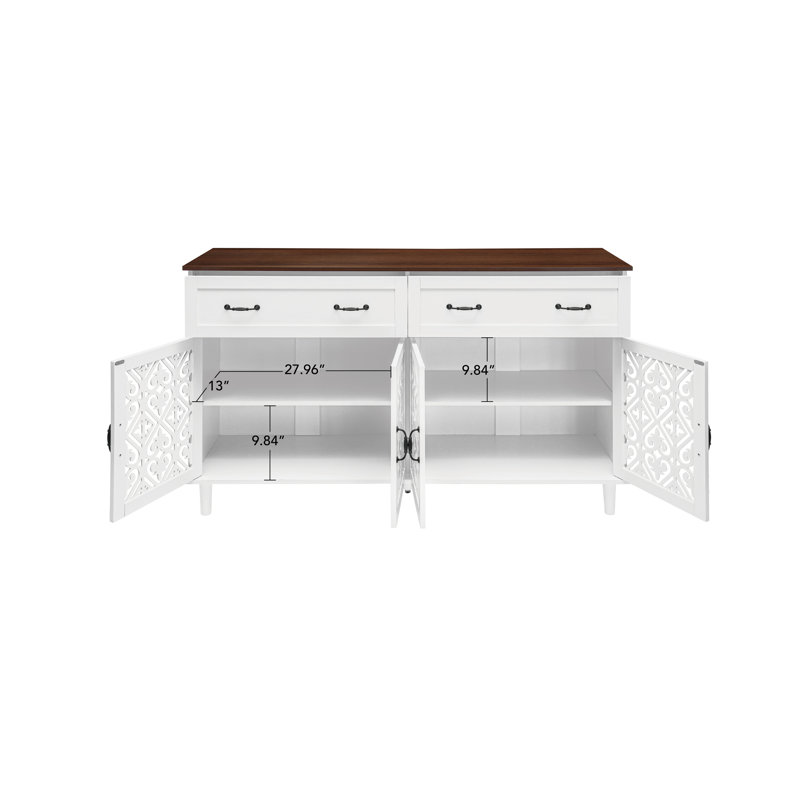 Buffet rétro avec portes géométriques sculptées à la main