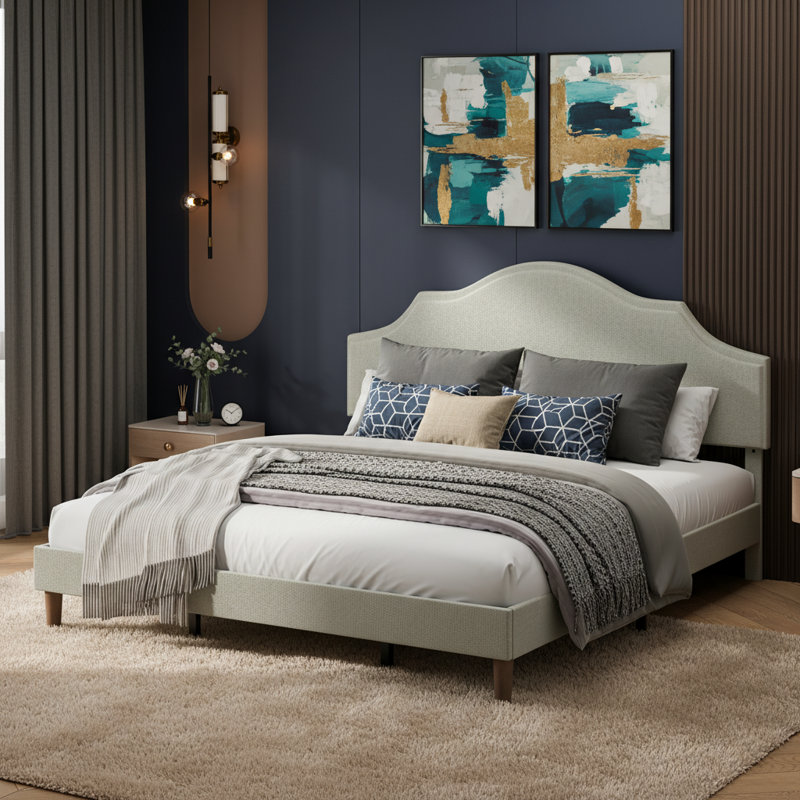 Lit plateforme tapissier avec tête de lit ajustable, Beige, Très grand lit