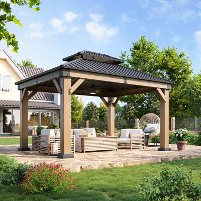Pavillon de jardin à toit rigide en acier galvanisé double 12 pi x 10 pi, pavillon en bois toutes saisons avec crochets polyvalents, système d'ancrage pour la cour, le jardin et la piscine