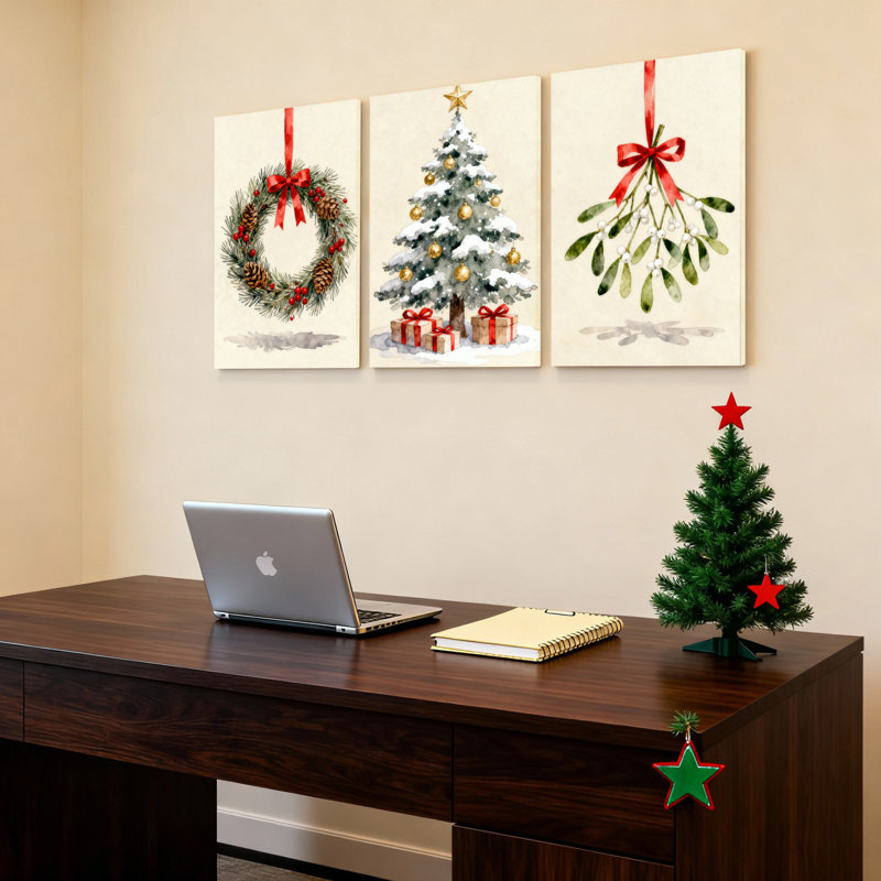 Couronne de Noël, arbre enneigé et gui sur toile, reproduction de style aquarelle (ensemble de 3), H 24 po x l 48 po