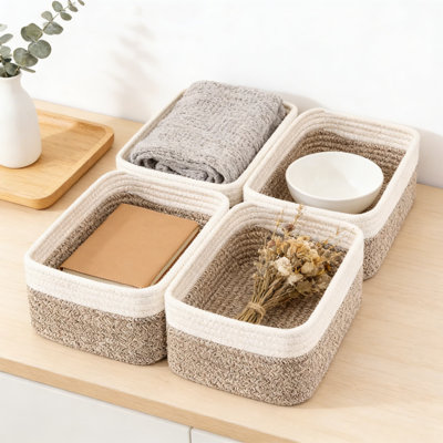 Woven Storage Baskets Set Of 4, Handwoven Cotton Rope Organizer Bins For Shelves, Closet, Desk, And Toy Storage, Decorative Rectangular Baskets For Home Organization