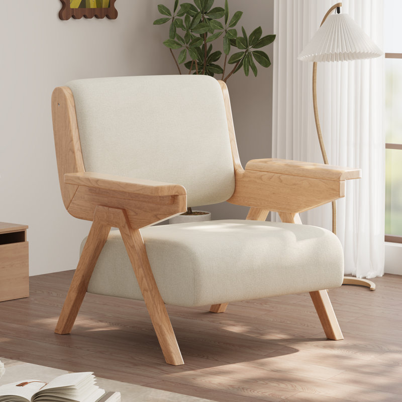 Mid Century Modern Accent Chair, Fabric Upholstered Lounge Arm Chair with Solid Wood Frame for Living Room, Bedroom, Office, Reading Corner (White)