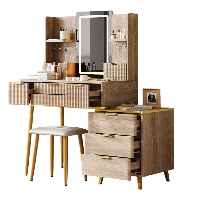 7-Drawer Vanity Desk with LED Mirror & Carved Details, Fluted Makeup Table with Legs and  Stool, Carved Dressing Table with Jewelry Storage for Bedroom