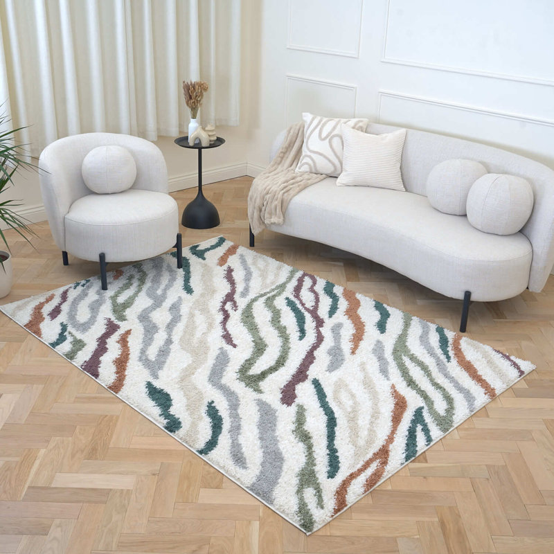 Moodi Modern Shaggy Area Rug Abstract Brushstroke Line Design, Rectangle 120 x 170 cm, Off-White/Multicolour