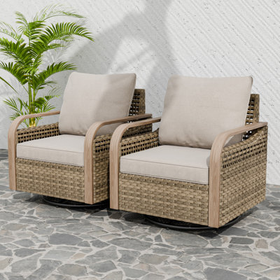Outdoor Patio Brown Wicker Wood Grain Armrest Swivel Glider Chairs with Cushion Set of 2 by Hokku Designs