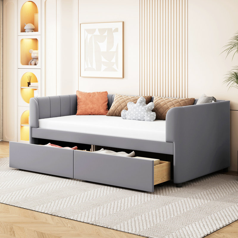 Krishana Twin Size Upholstered Daybed with Ergonomic Design Backrest and 2 Drawers, Gray