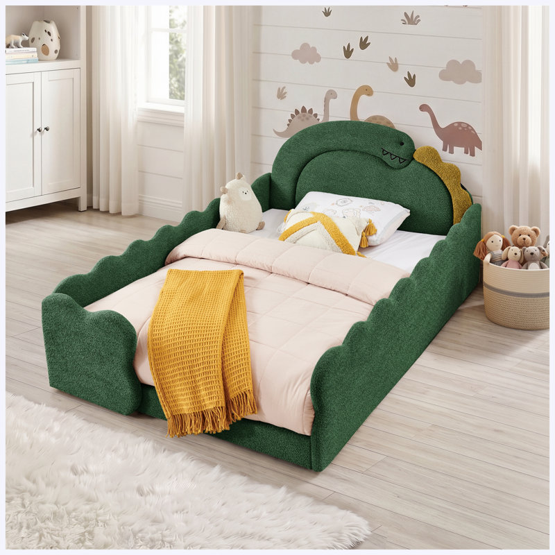 Lit double en forme de dinosaure avec barrière de sécurité, cadre en bois massif, tissu bouclé, vert, Vert