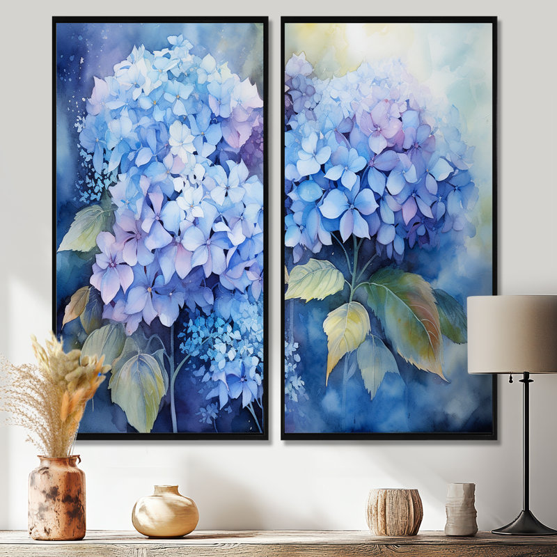 «Blue Hydrangea Farmhouse Still Life I - Beige», art mural traditionnel, H 20 po x l 24 po, Impression encadrée flottante