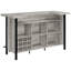 Unité de bar autoportante en bois de grève gris, avec surface à deux niveaux, verres à pied et rangement pour bouteilles de vin pour fin de semaine Get Finition bois de grève avec structure en métal, tablettes, tablettes