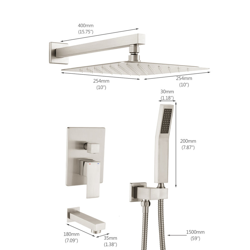 Douche en nickel brossé avec pomme de pluie de 10 po, pomme de douche à main, haute performance, trousse d'entretien facile, débit d'eau réglable de 10 po, matériau