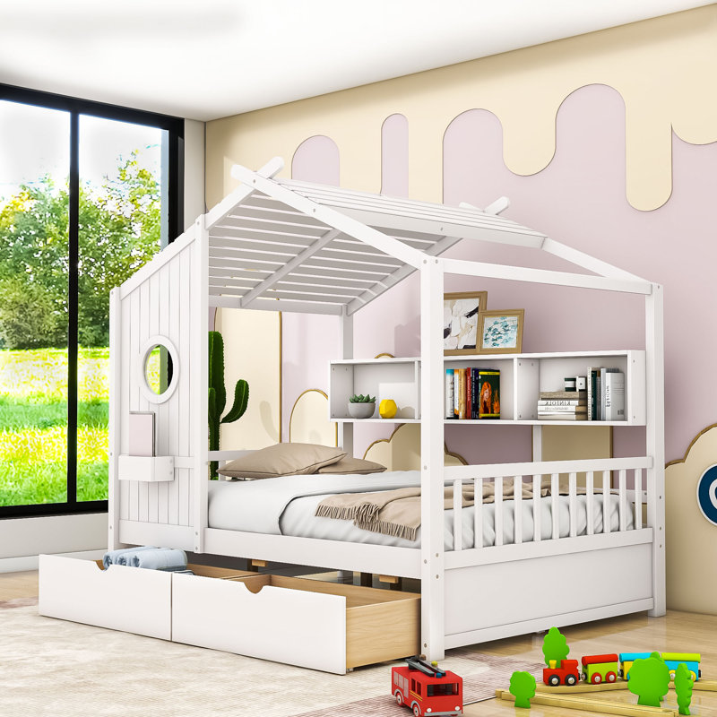Bitner Two Drawers House Wooden Daybed with Shelves, White, Full 