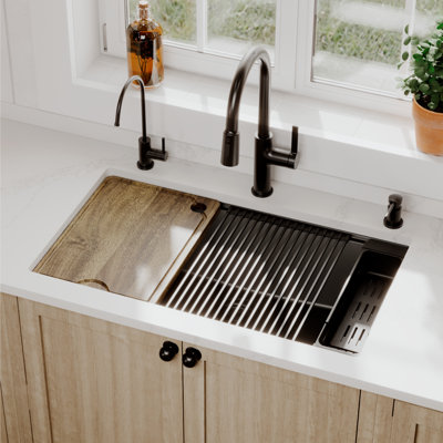 Karran 32" Undermount Single Bowl Quartz Kitchen Sink Kit in Black