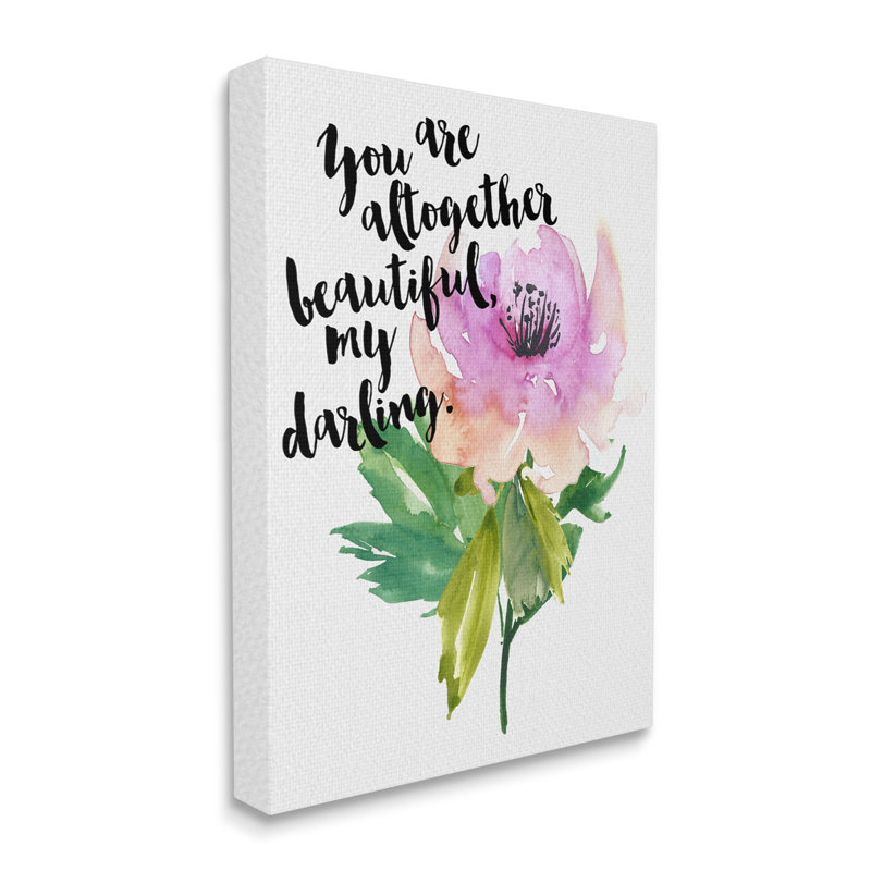 «You Are Beautiful Calligraphy» citation effet aquarelle florale par Amy Brinkman - Peinture, L 16 po x H 20 po, Toile tendue