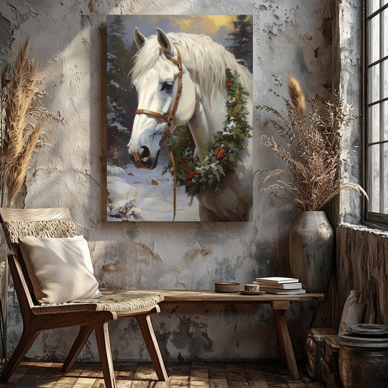 Hiver, couronne de cheval, toile blanche, cheval dans la forêt enneigée, art mural sur toile prêt à accrocher
