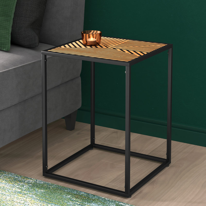 Julian Black and Natural Wood Square Side Table with Metal Frame