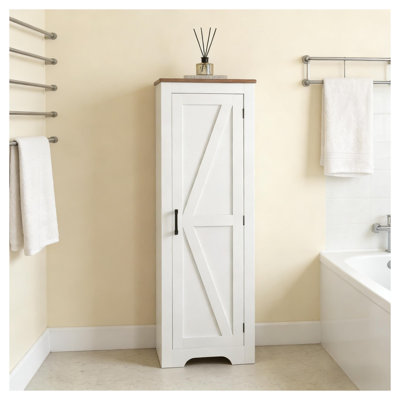 Brown and White Farmhouse Pantry Cabinet with K-Brace Barn Door