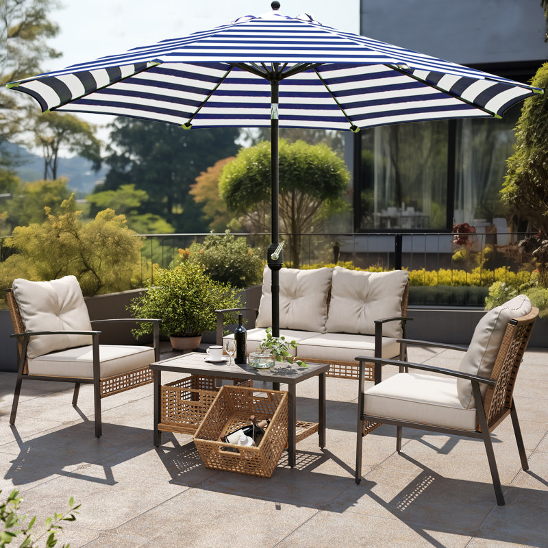 Parasol de marché 9 'avec manivelle et inclinaison Jaenis, Rayures bleues