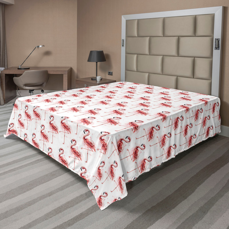 Drap Ambesonne Flamant rose motif hawaïen été rose pastel et blanc, Drap plat de taille double