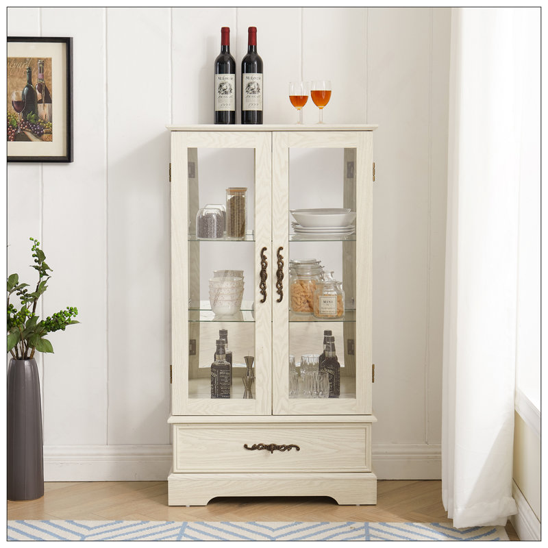Vitrine lumineuse en verre avec tablettes réglables - Vitrine élégante à 2 portes et tiroir intégré, ampoule incluse - fini blanc