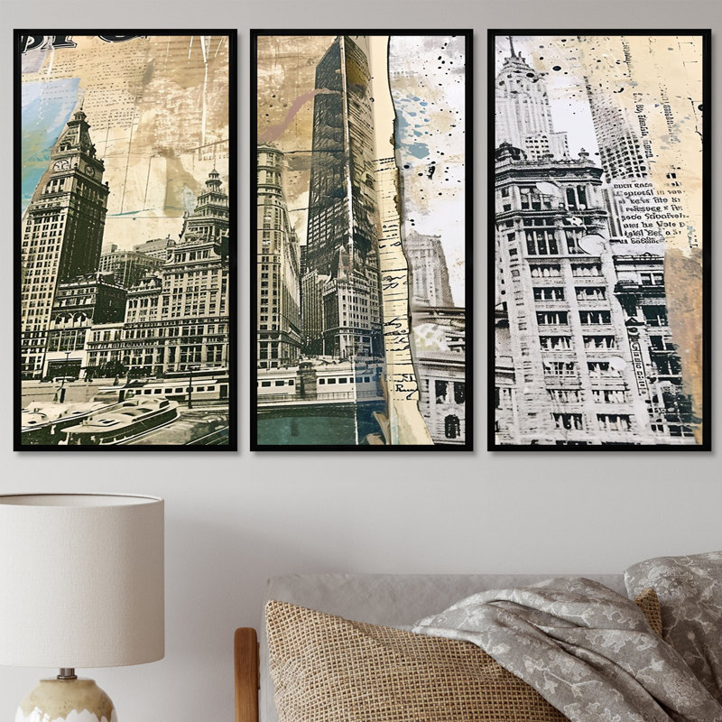 Marblehead - ensemble de reproductions d'art mural Chicago, Cadre flottant noir, H 40 po x l 60 po x P 1 po