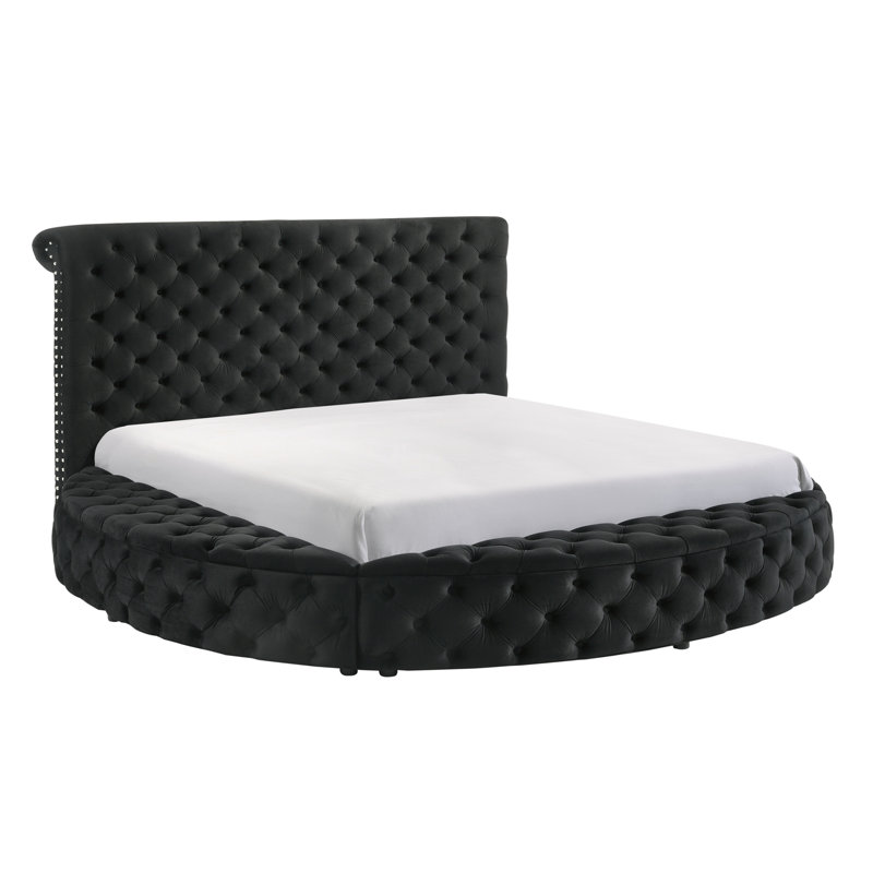 1pc Unique Round Plush Black Velvet Button-Tufted Detailing Storage Bed, King