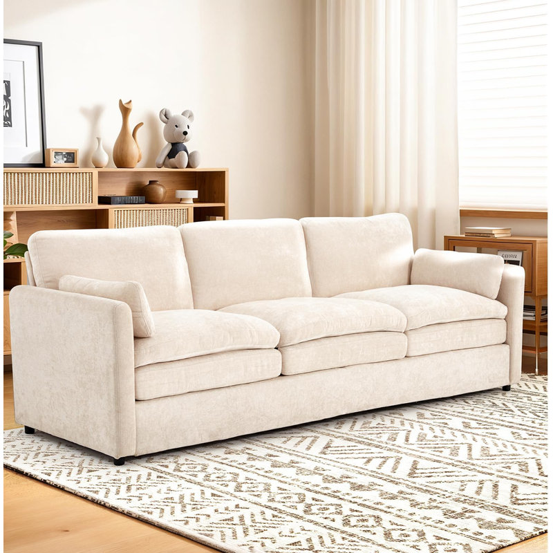 Grand canapé moderne en chenille 3 places avec 2 coussins amovibles, Blanc, crème