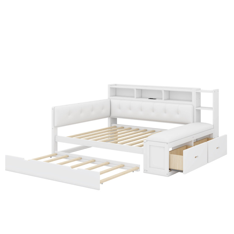Wood Daybed With Trundle, Storage Shelves, Bench, Charging Station And Upholstered Headboard, White+Cream/White Cushion