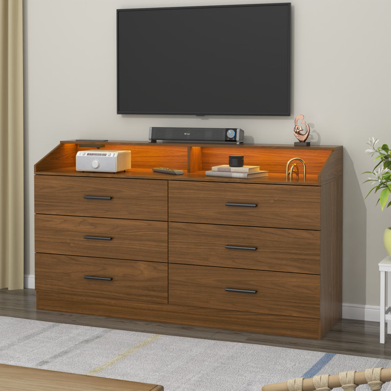 Walnut Brown 6-Drawer Dresser with LED Light and Power Outlet