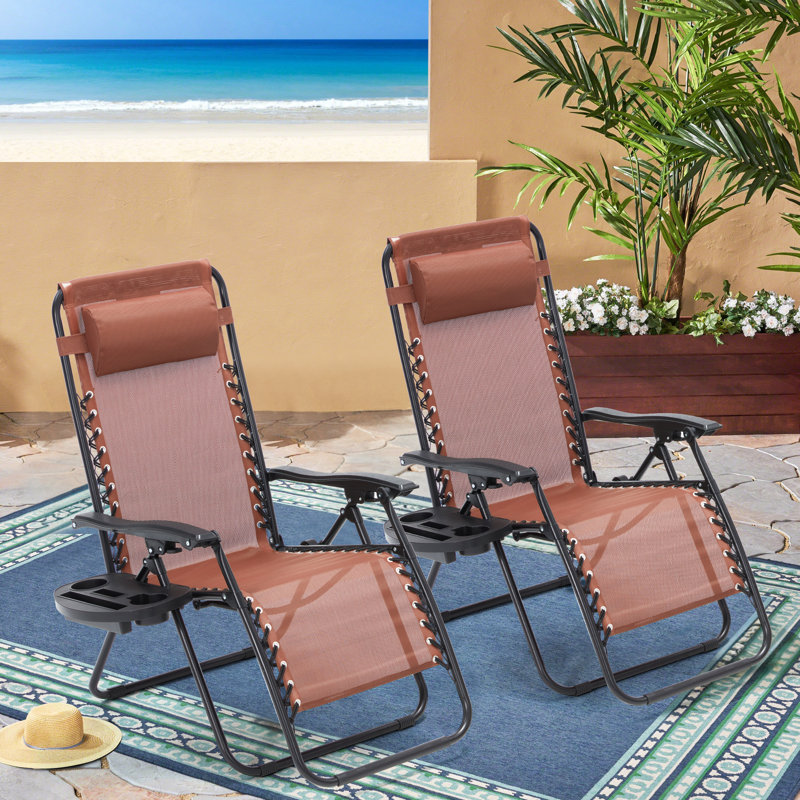 Set of 2 Zero Gravity Lounge Chairs, Folding Reclining Patio Chairs with Cup Holder & Headrest, Brown